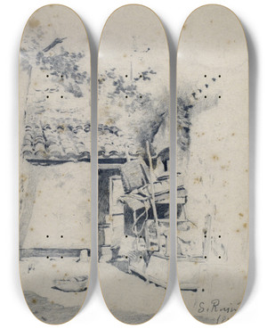 Triptych art skateboard deck of Santiago Rusiol Rustic Courtyard by Santiago Rusinol (1861-1931)