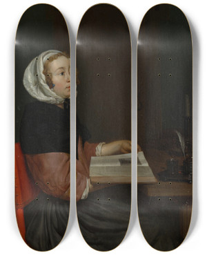 Triptych art skateboard deck of Eglon Van Der Neer The Reader by Eglon van der Neer (1635-1703)
