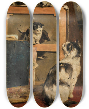 Triptych art skateboard deck of Charles Van Den Eycken Cats At Play by Charles Van Den Eycken (1859-1923)