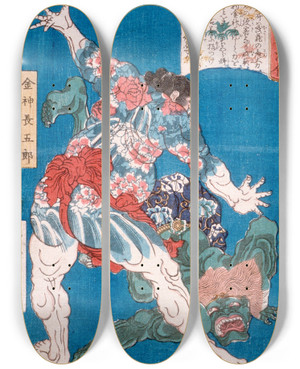 Triptych art skateboard deck of Tsukioka Yoshitoshi The Wrestler Konjin Chgor Throwing A Devil by Tsukioka Yoshitoshi (1839-1892)
