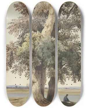 Triptych art skateboard deck of Ludwig Daniel Philipp Schmidt Two Trees On The River by Ludwig Daniel Philipp Schmidt