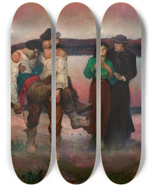 Triptych art skateboard deck of Frank Earle Schoonover Wounded Lover by Frank Earle Schoonover (1877-1972)