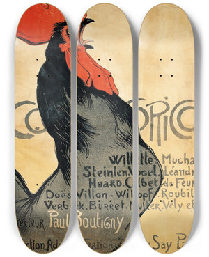 Triptych art skateboard deck of Thophile Alexandre Steinlen Cocorico by Theophile Alexandre Steinlen (1859-1923)