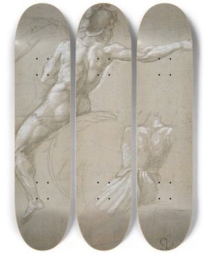 Triptych art skateboard deck of Raphael Study Of A Warrior On Horseback by Raphael (1483-1520)