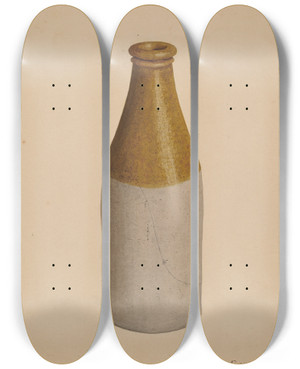 Triptych art skateboard deck of Richard Barnett Stoneware Ink Bottle Or Catsup Bottle by Richard Barnett