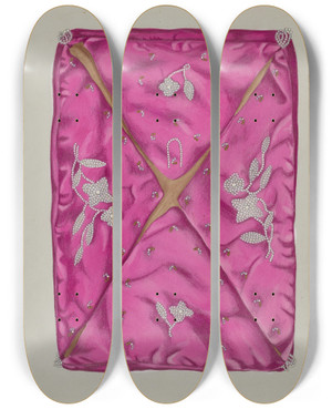 Triptych art skateboard deck of Gordena Jackson Handkerchief Case by Gordena Jackson