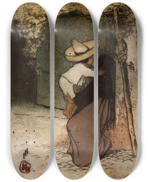 Triptych art skateboard deck of Helen Hyde In Mexico by Helen Hyde (1868-1919)