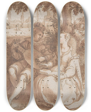 Triptych art skateboard deck of Hendrick Goltzius Spring by Hendrick Goltzius (1558-1617)