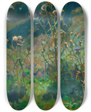 Triptych art skateboard deck of Jan Stanislawski Thistles Against The Sun by Jan Stanislawski (1860-1907)
