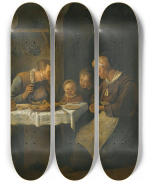 Triptych art skateboard deck of Jan Steen Grace Before A Meal by Jan Steen (1626-1679)
