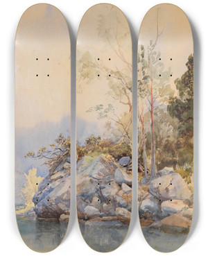 Triptych art skateboard deck of Edward Theodore Compton Eibsee by Edward Theodore Compton (1849-1921)