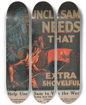 Triptych art skateboard deck of F Sindelar Uncle Sam Needs That Extra Shovelful by F Sindelar (19-20-)
