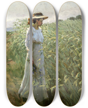 Triptych art skateboard deck of Bernhard Klinckerfu Mdchen Am Kornfeld by Bernhard Klinckerfus