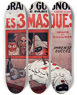 Triptych art skateboard deck of Adrien Barrre Les 3 Masques by Adrien Barrere (1874-1931)