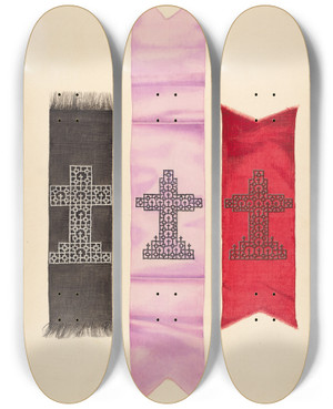 Triptych art skateboard deck of J Howard Iams Book Marks by J Howard Iams (20-)