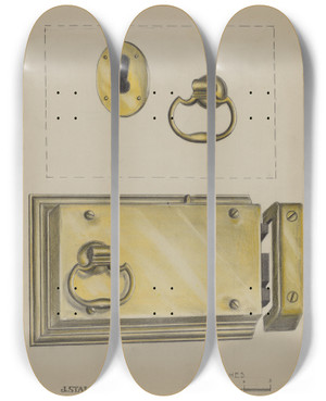 Triptych art skateboard deck of Jack Staloff Lock Handle And Key Plate by Jack Staloff