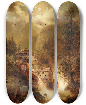 Triptych art skateboard deck of Josef Thoma Approaching Storm In The High Mountains by Josef Thoma (1828-1899)