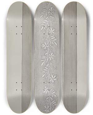 Triptych art skateboard deck of Gordena Jackson Embroidered Panel For Sleeve by Gordena Jackson
