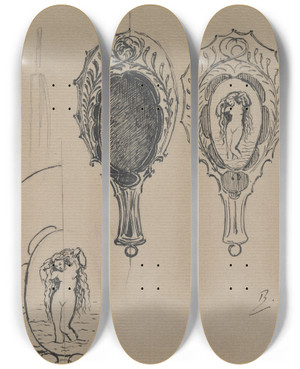 Triptych art skateboard deck of Flix Bracquemond Design For A Hand Mirror_2 by Felix Bracquemond (1833-1914)