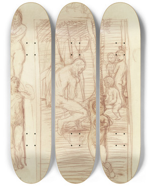 Triptych art skateboard deck of Hans Von Mares Alter Mann Und Kinder Daneben Weibliche Aktstudien Und Skizze Eines Reiters by Hans Von Marees (1837-1887)