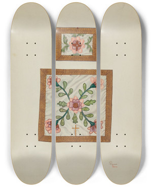 Triptych art skateboard deck of Josephine C Romano Burse And Chalice Veil by Josephine C Romano