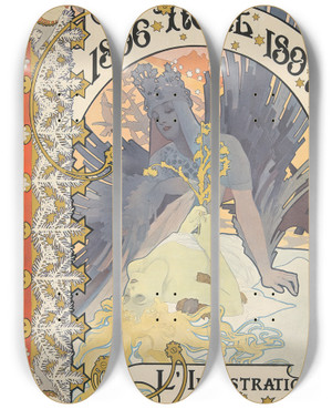 Triptych art skateboard deck of Alphonse Mucha Lillustration Nol 1896 by Alphonse Mucha (1860-1939)