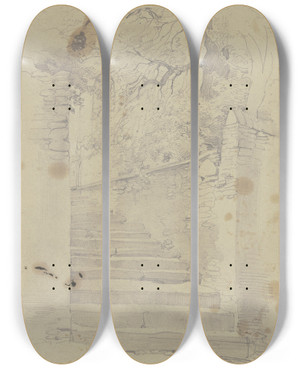Triptych art skateboard deck of Jakob Becker Village View by Jakob Becker (1810-1872)