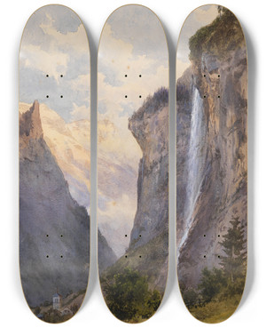 Triptych art skateboard deck of Edward Theodore Compton Der Staubbachfall In Lauterbrunnen Schweiz by Edward Theodore Compton (1849-1921)