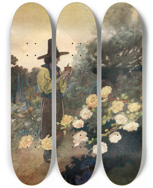 Triptych art skateboard deck of Charles Robinson Hans In His Garden by Charles Robinson (1870-1937)