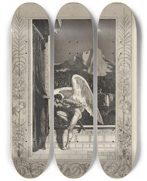 Triptych art skateboard deck of Max Klinger Amor Kommend Amor Und Psyche Opus V Blatt 12 by Max Klinger (1857-1920)
