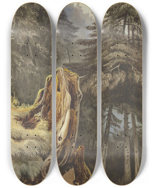 Triptych art skateboard deck of Ludwig Daniel Philipp Schmidt Baumstumpf Am Mit Tannen Bewachsenem Abhang by Ludwig Daniel Philipp Schmidt