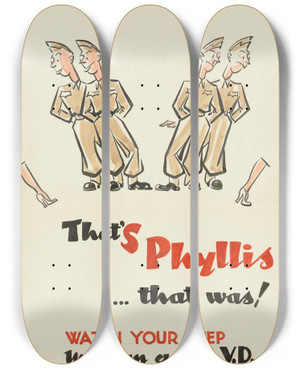 Triptych art skateboard deck of Ernest Cowell Thats Phyllisthat Was by Ernest Cowell