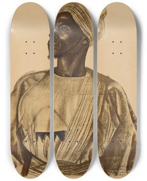 Triptych art skateboard deck of Alexandre Jacovleff Gadem Chasseur Delephants Birao by Alexandre Jacovleff (1887-1938)