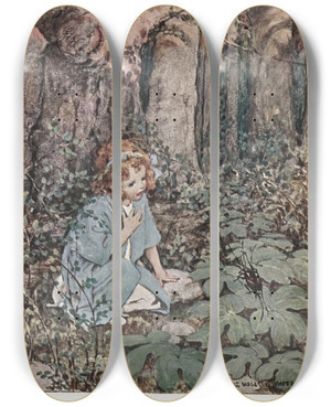 Triptych art skateboard deck of Jessie Willcox Smith Bugs And Wings And Other Things Frontispiece by Jessie Willcox Smith (1863-1935)