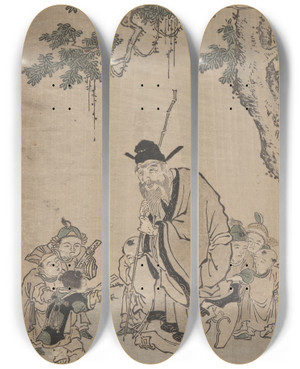 Triptych art skateboard deck of Suzuki Harunobu Old Sage Teaching A Moral by Suzuki Harunobu (1724-1770)