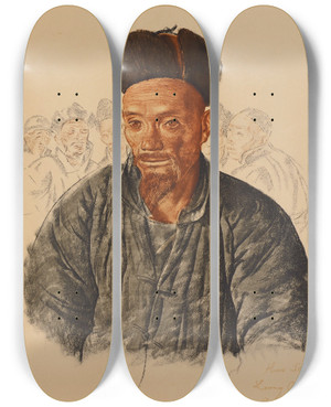 Triptych art skateboard deck of Alexandre Jacovleff Chinois Mahometan De Liangtcheou by Alexandre Jacovleff (1887-1938)