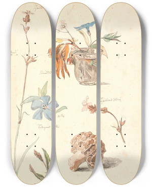 Triptych art skateboard deck of Johan Thomas Lundbye Studieblad Med Blomster Og Planter by Johan Thomas Lundbye (1818-1848)