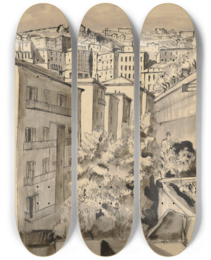 Triptych art skateboard deck of Hermann Lismann View Of Genoa by Hermann Lismann (1878-1943)