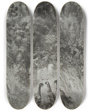 Triptych art skateboard deck of Flix Bracquemond The Surprised Ducks by Felix Bracquemond (1833-1914)