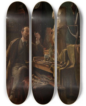 Triptych art skateboard deck of Louis Van Engelen Self Portrait In Studio by Louis Van Engelen (1856-1940)