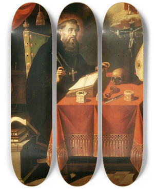 Triptych art skateboard deck of Antonio Rodrguez Saint Augustine by Antonio Rodriguez (1636-1691)