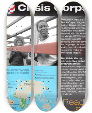 Triptych art skateboard deck of Peace Corps Crisis Corps by Peace Corps (20-)