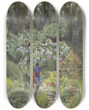Triptych art skateboard deck of Fritz Hauck Japanese Garden by Fritz Hauck (1852-1909)