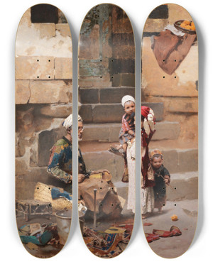 Triptych art skateboard deck of Raphael Von Ambros The Old Shoe Maker Cairo by Raphael Von Ambros (1855-1895)