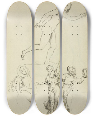 Triptych art skateboard deck of Peter Paul Rubens One Nude And Three Clothed Female Figures by Peter Paul Rubens (1577-1640)