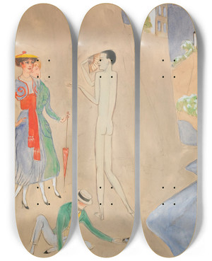 Triptych art skateboard deck of Nils Dardel Konversation by Nils Dardel (1888-1943)