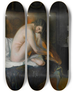 Triptych art skateboard deck of Julius Leblanc Stewart Before The Fire by Julius Leblanc Stewart (1855-1919)