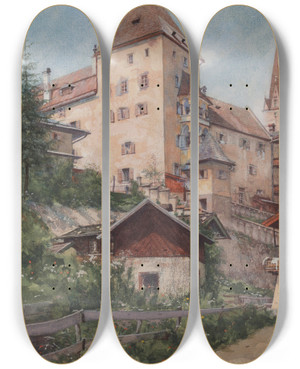 Triptych art skateboard deck of Carl Pippich Altes Schloss In Kitzbhel by Carl Pippich (1862-1932)
