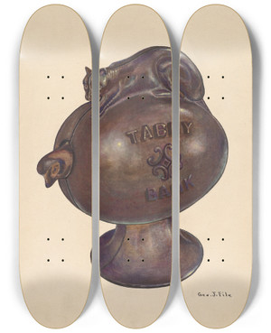 Triptych art skateboard deck of George File Toy Bank Tabby Cat by George File
