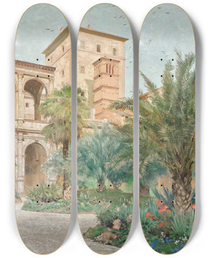 Triptych art skateboard deck of Othmar Brioschi Vedute Der Botschaft In Rom Garten Mit Blick Auf Bogengnge by Othmar Brioschi (1854-1912)